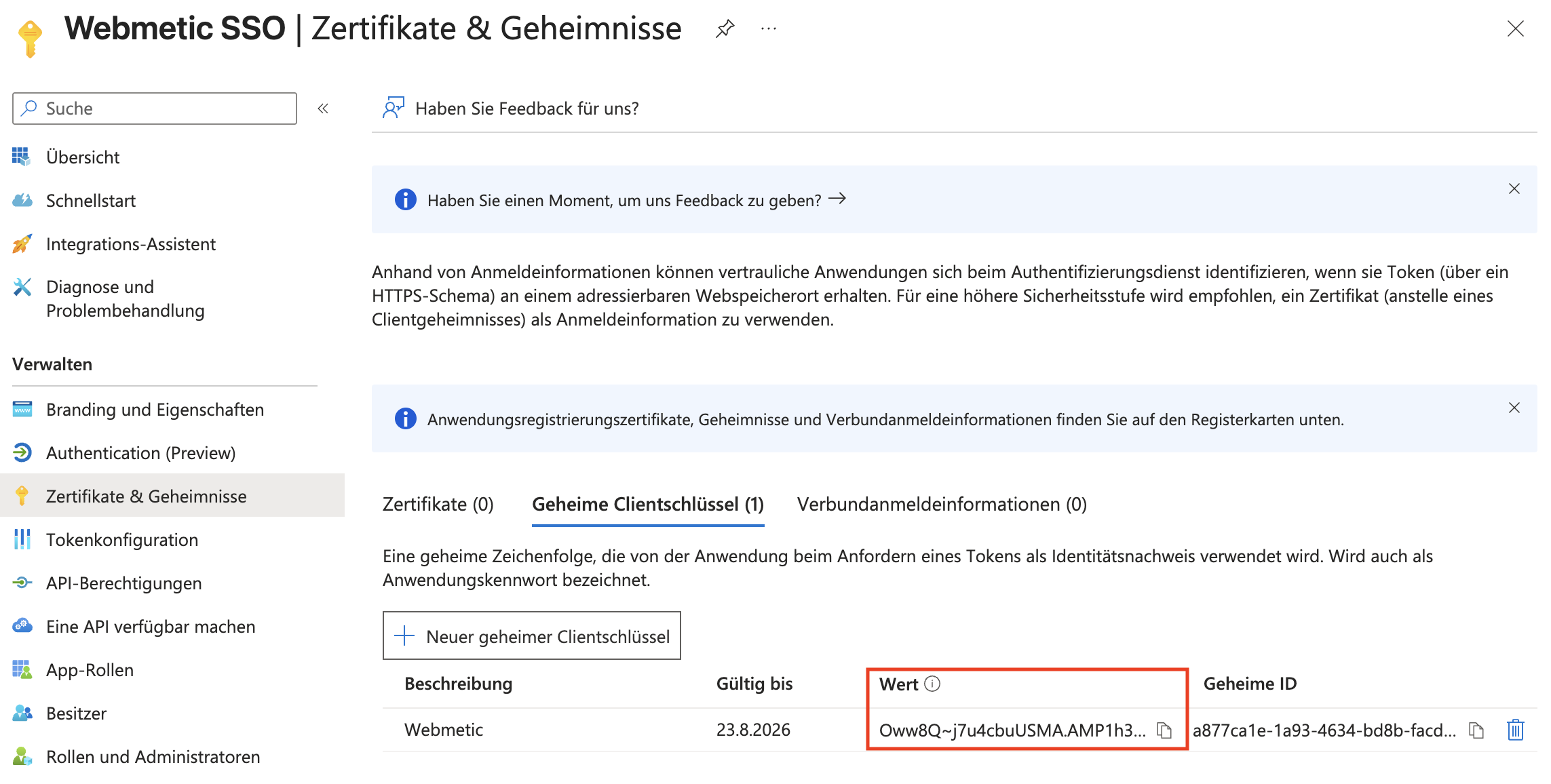 Entra-ID SSO Geheimer Schlüssel