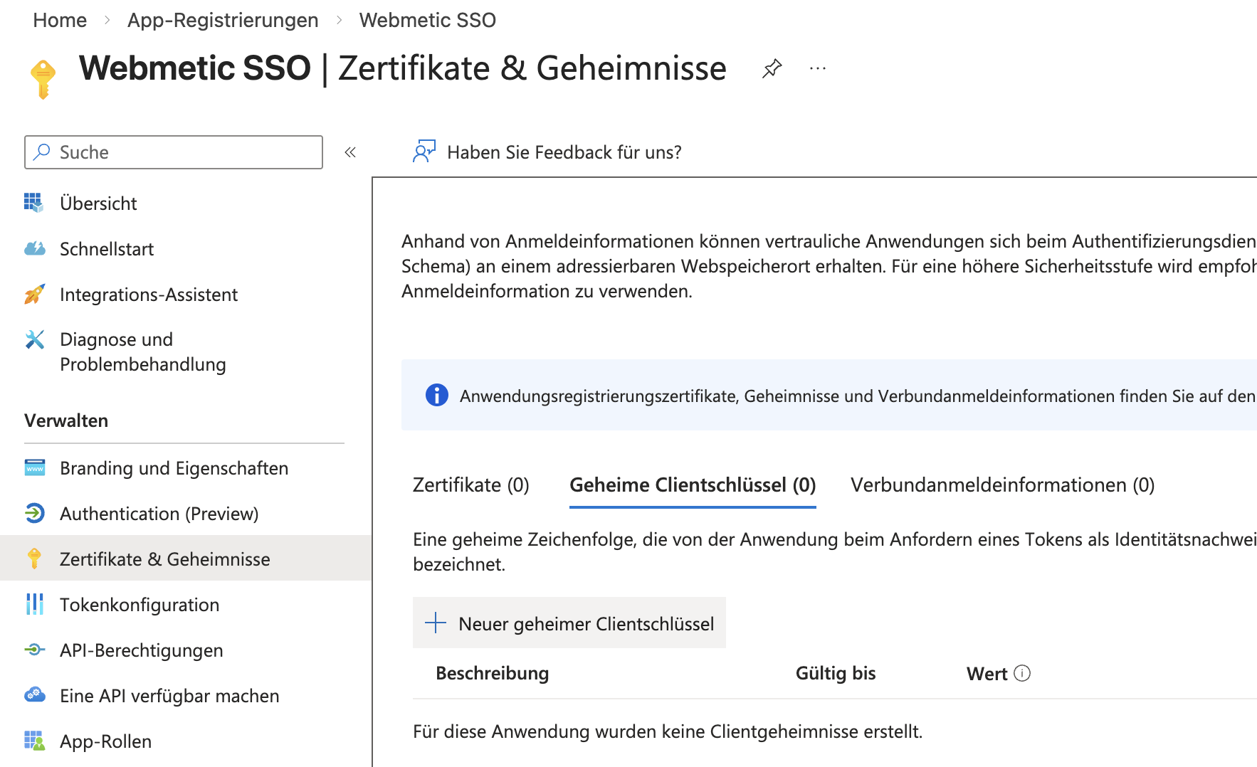 Entra-ID SSO Gehmeier Schlüssel anzeigen