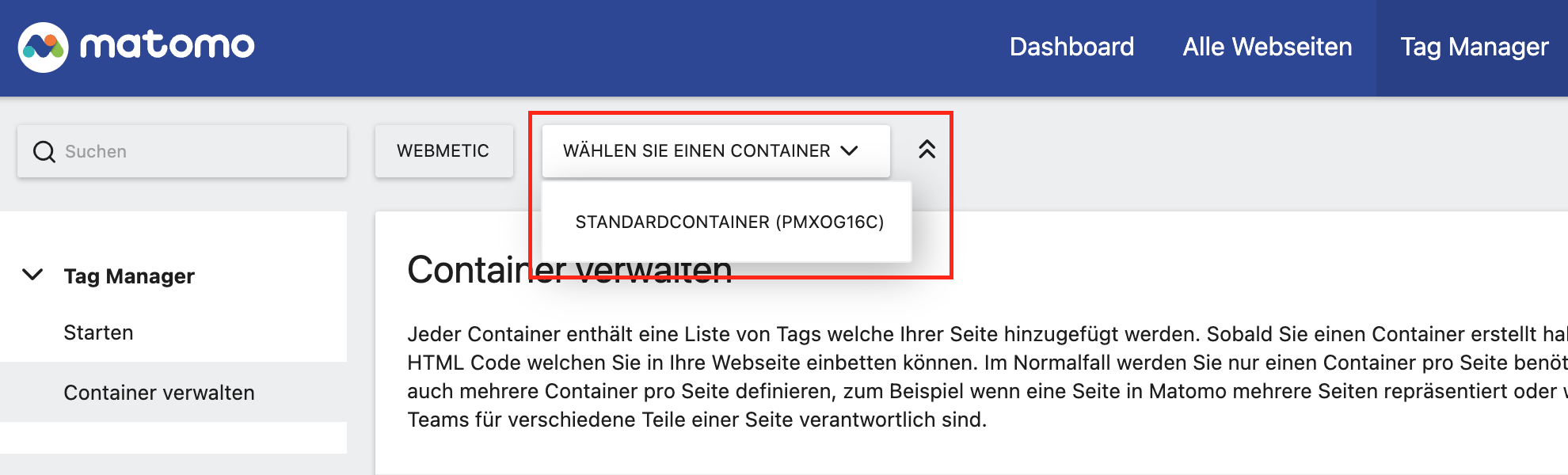 Matomo Container wählen